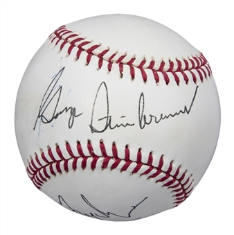 George Steinbrenner & Fred Wilpon Dual Signed OAL Brown Baseball (Beckett)